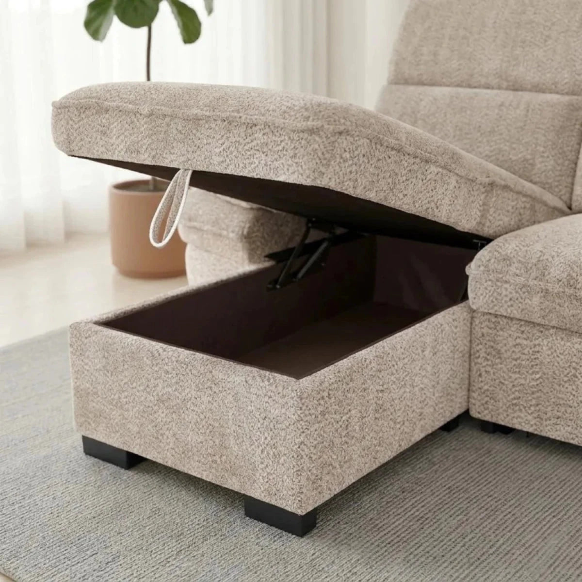 Features built-in storage, helping you keep your living area organized .