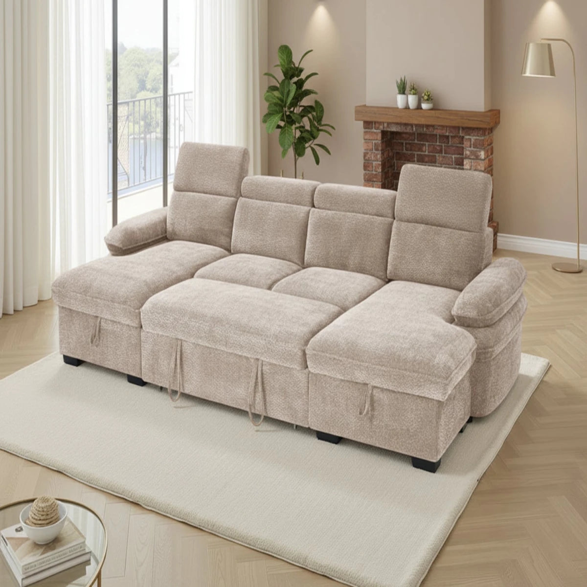 Large U shape sofa bed with textured fabric and contemporary style.