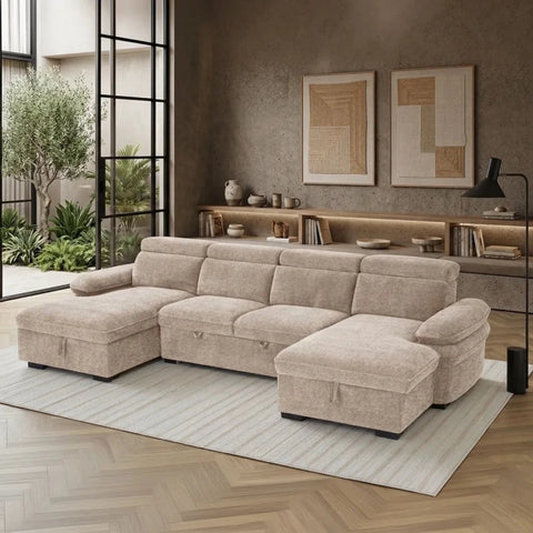 Large U shape sofa bed with textured fabric and contemporary style.