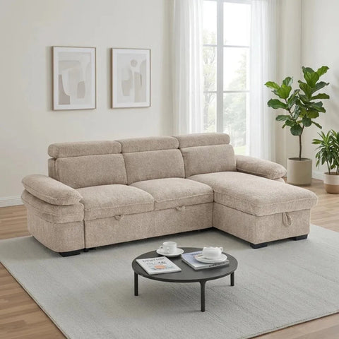 Hayden beige universal corner sofabed with modern design and soft fabric.