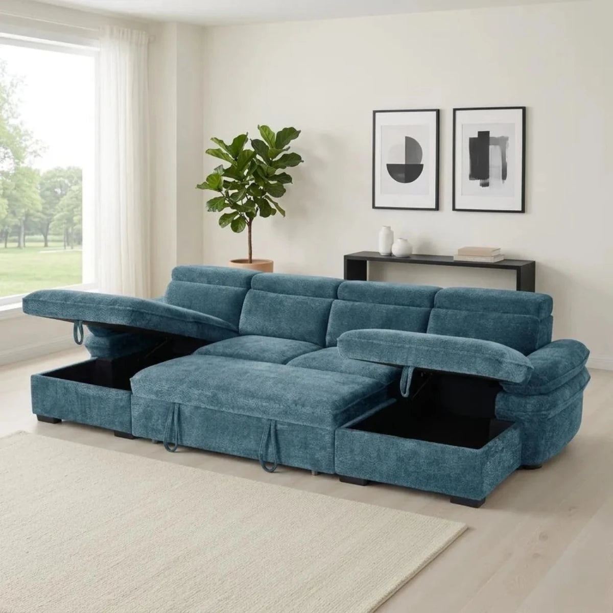 Practical storage feature within U-shape sofa design.