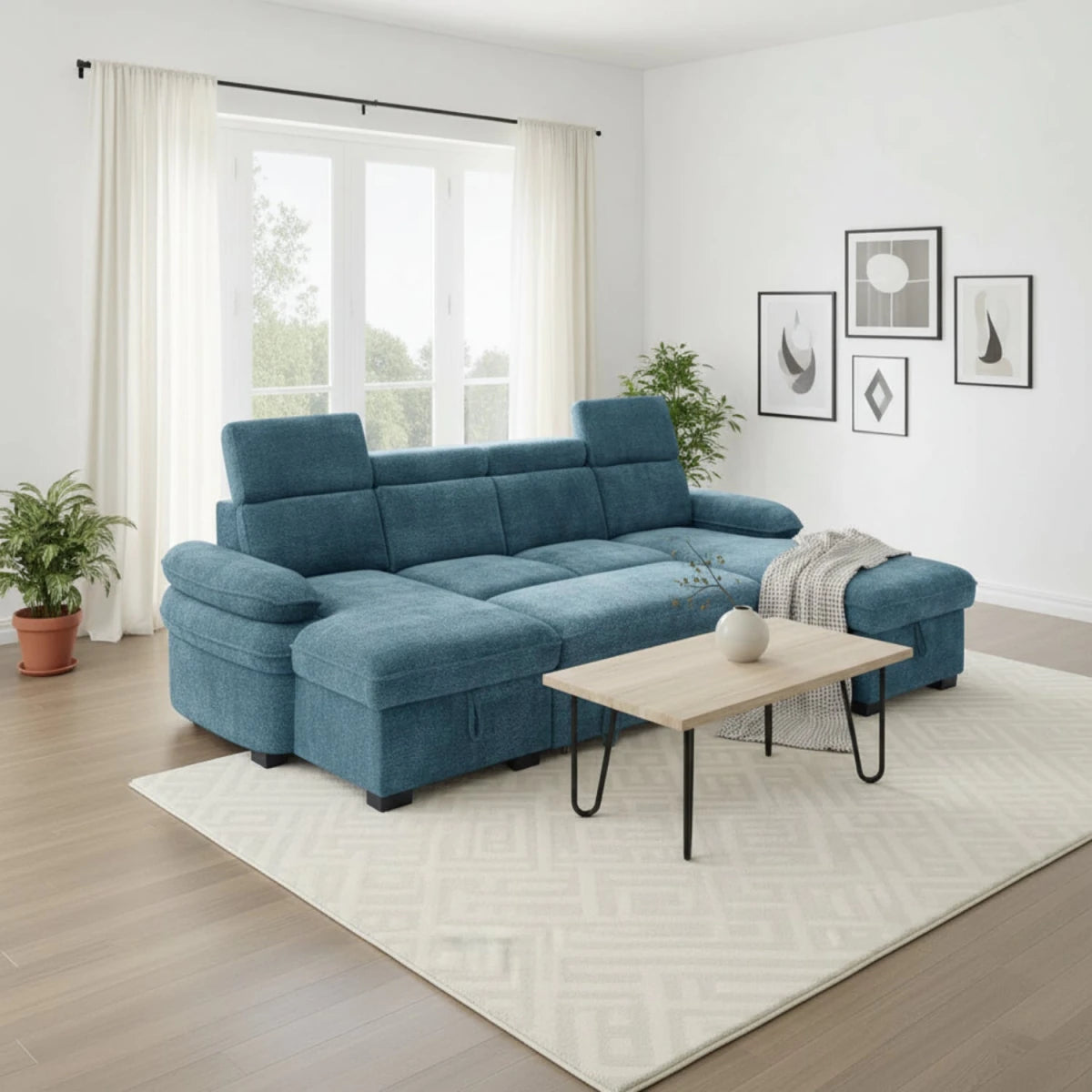 Elegant blue U-shape sofa ideal for modern living rooms