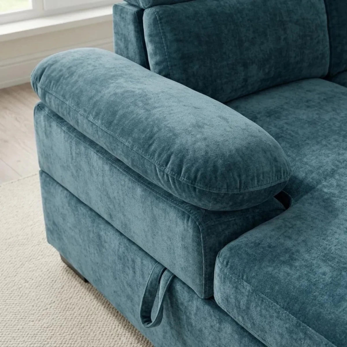 Textured fabric upholstery with soft and durable finish.