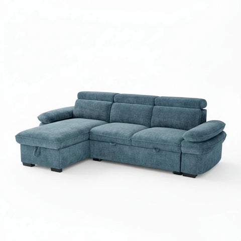 Elegant blue corner sofabed with versatile and practical design.