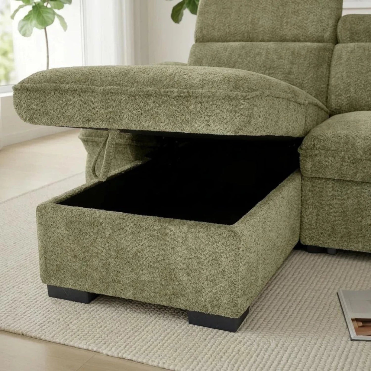 Hidden storage section for blankets and essentials.