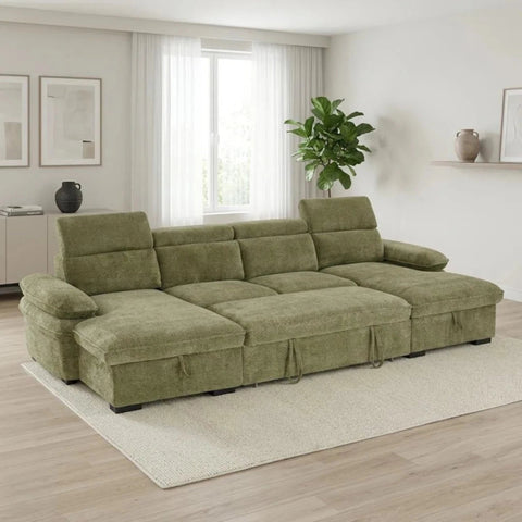 Contemporary U-shaped green sofa offering generous seating space.