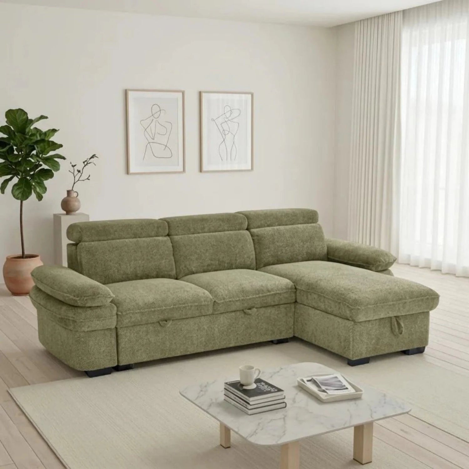 Hayden green universal corner sofabed with pull-out bed and modern design.
