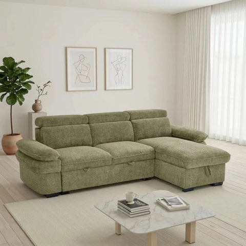 Hayden green universal corner sofabed with pull-out bed and modern design.