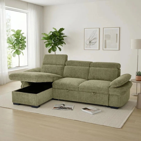 Hidden storage space for blankets and essentials.