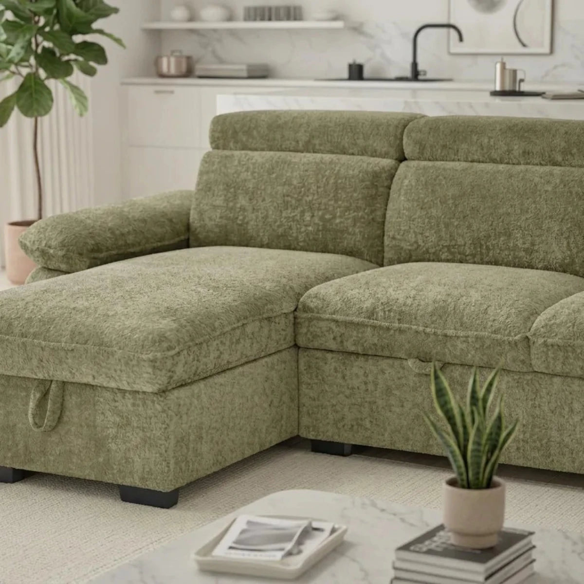 Textured green fabric upholstery with soft and rich finish.