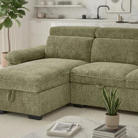 Textured green fabric upholstery with soft and rich finish.