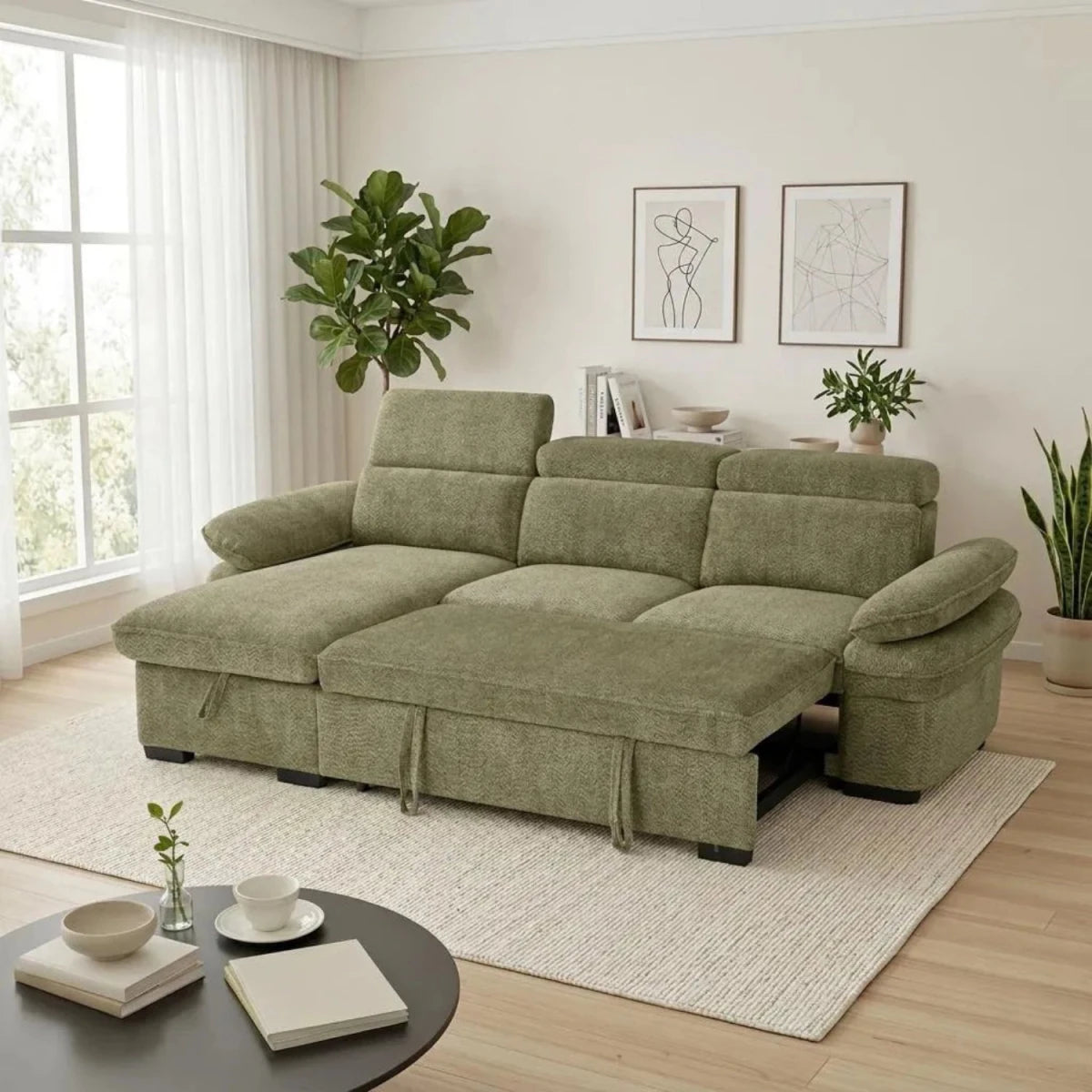 Hayden green universal corner sofabed with modern design and soft fabric.