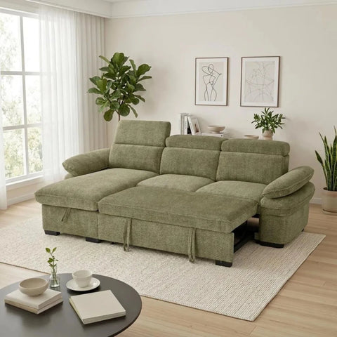 Hayden green universal corner sofabed with modern design and soft fabric.