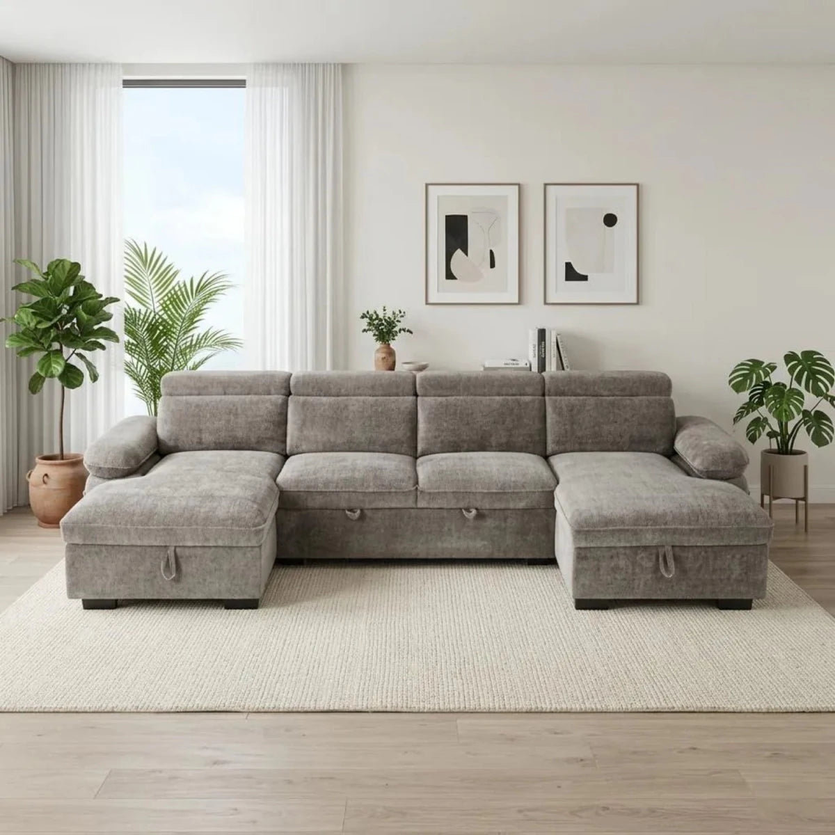 Large U shape sofa bed with textured fabric and contemporary style.