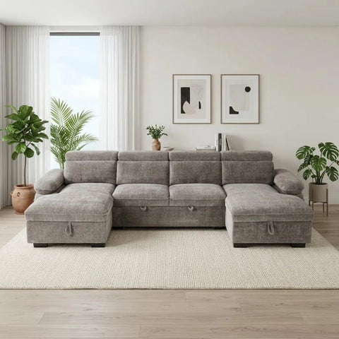 Large U shape sofa bed with textured fabric and contemporary style.