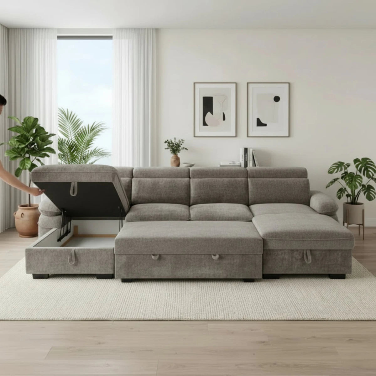 Large U shape sofa bed with textured fabric and contemporary style.