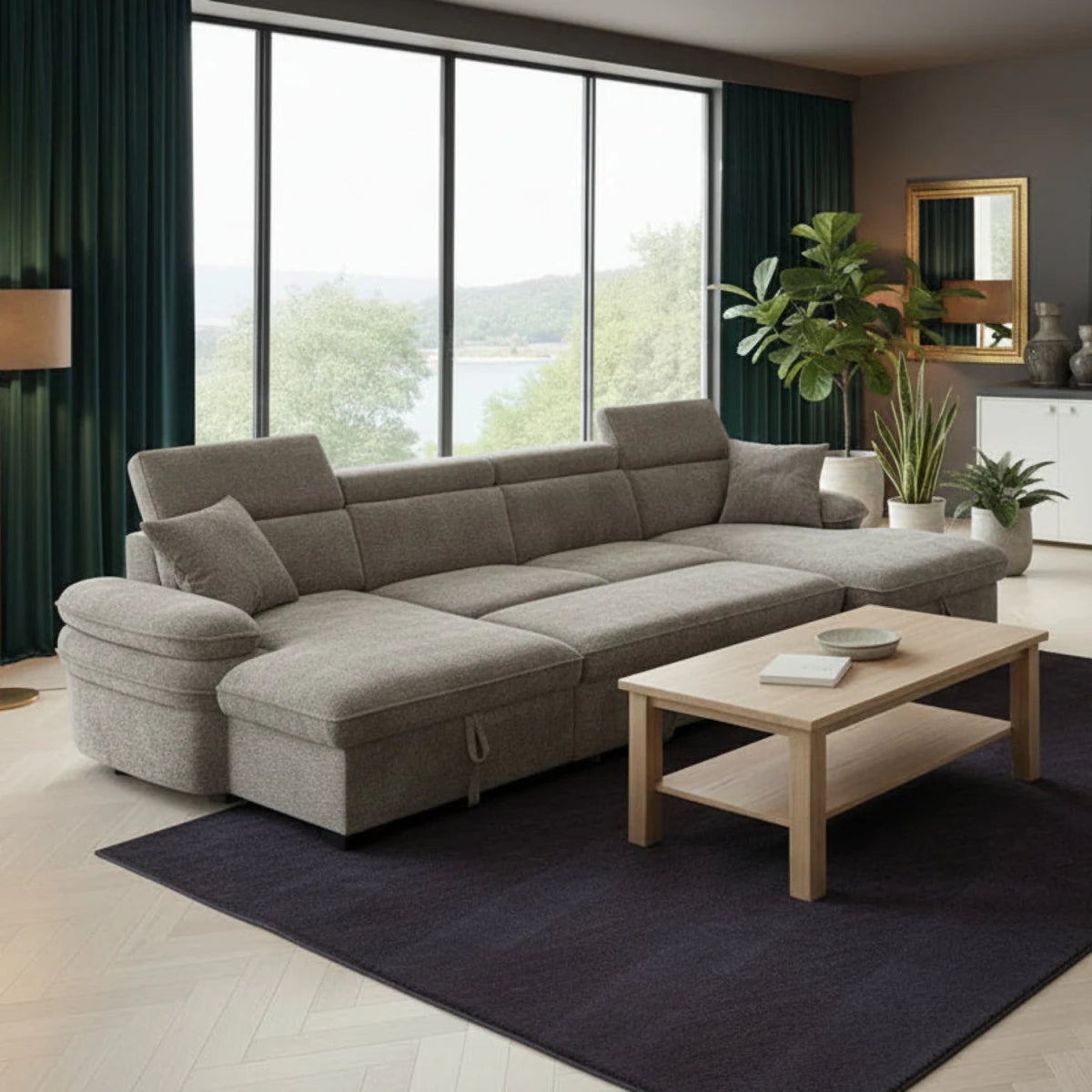 Large U shape sofa bed with textured fabric and contemporary style.