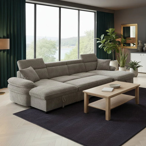 Large U shape sofa bed with textured fabric and contemporary style.