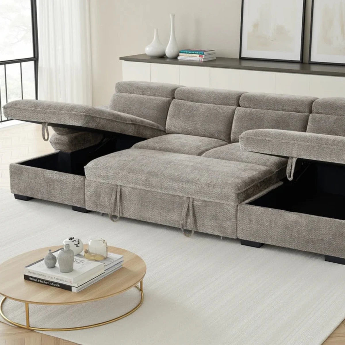 Large U shape sofa bed with textured fabric and contemporary style and storage.