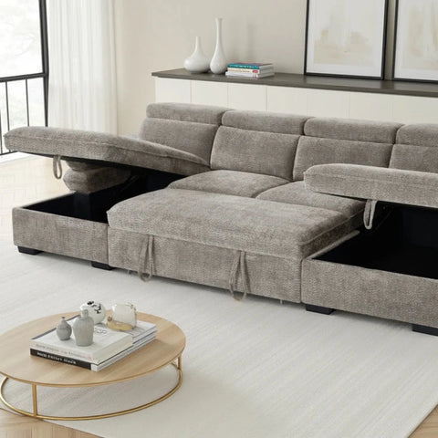 Large U shape sofa bed with textured fabric and contemporary style and storage.