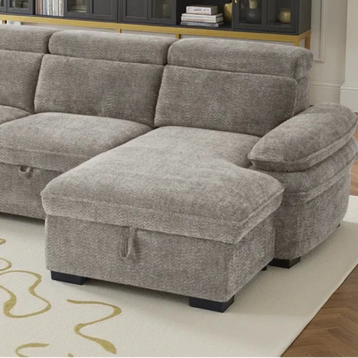 Large u Shaped sofa features adjustable headrests and adjustable armrests.