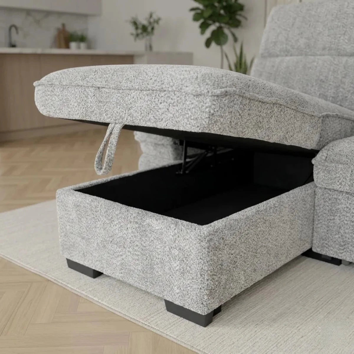 Built-in storage compartment for organized living space.