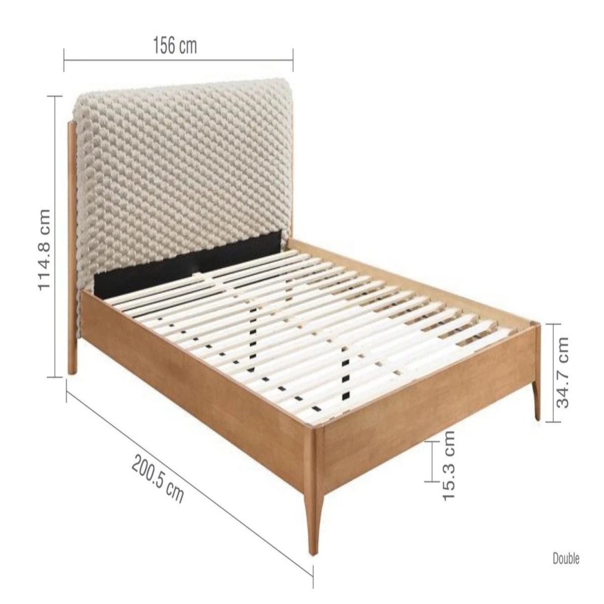 Detailed bed frame measurements with headboard height information.