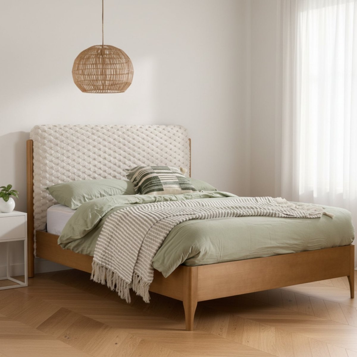 Luxury bed with faux fur upholstery and natural wood frame design.
