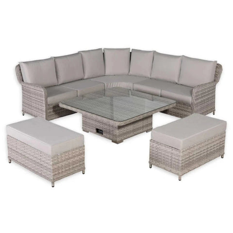 Modern outdoor furniture set with adjustable table and bench.