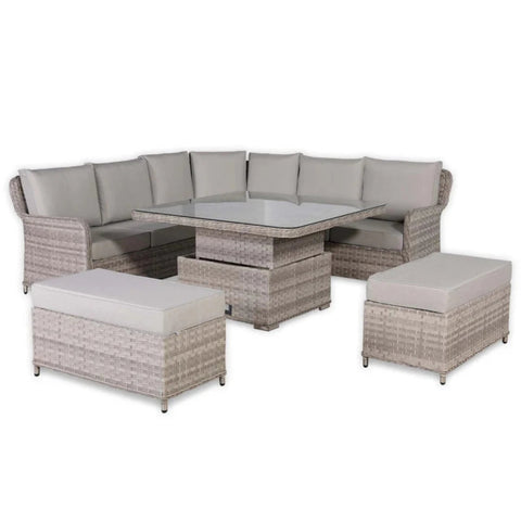 Contemporary outdoor corner sofa with deep cushions.