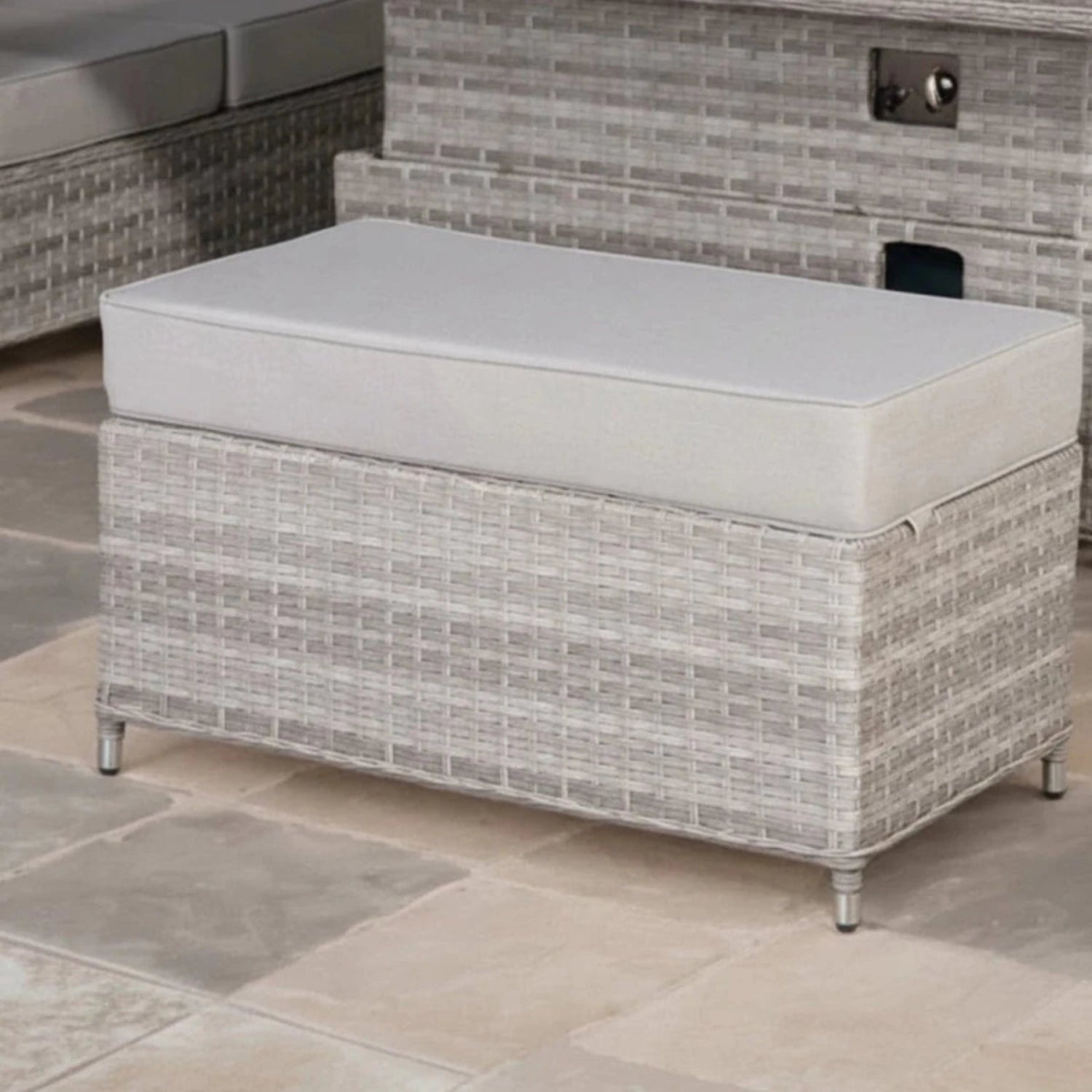 Matching outdoor bench with soft cushioned seating.