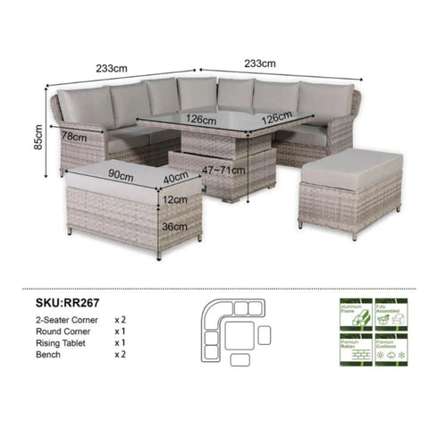 Full size guide for corner sofa set with table and bench.