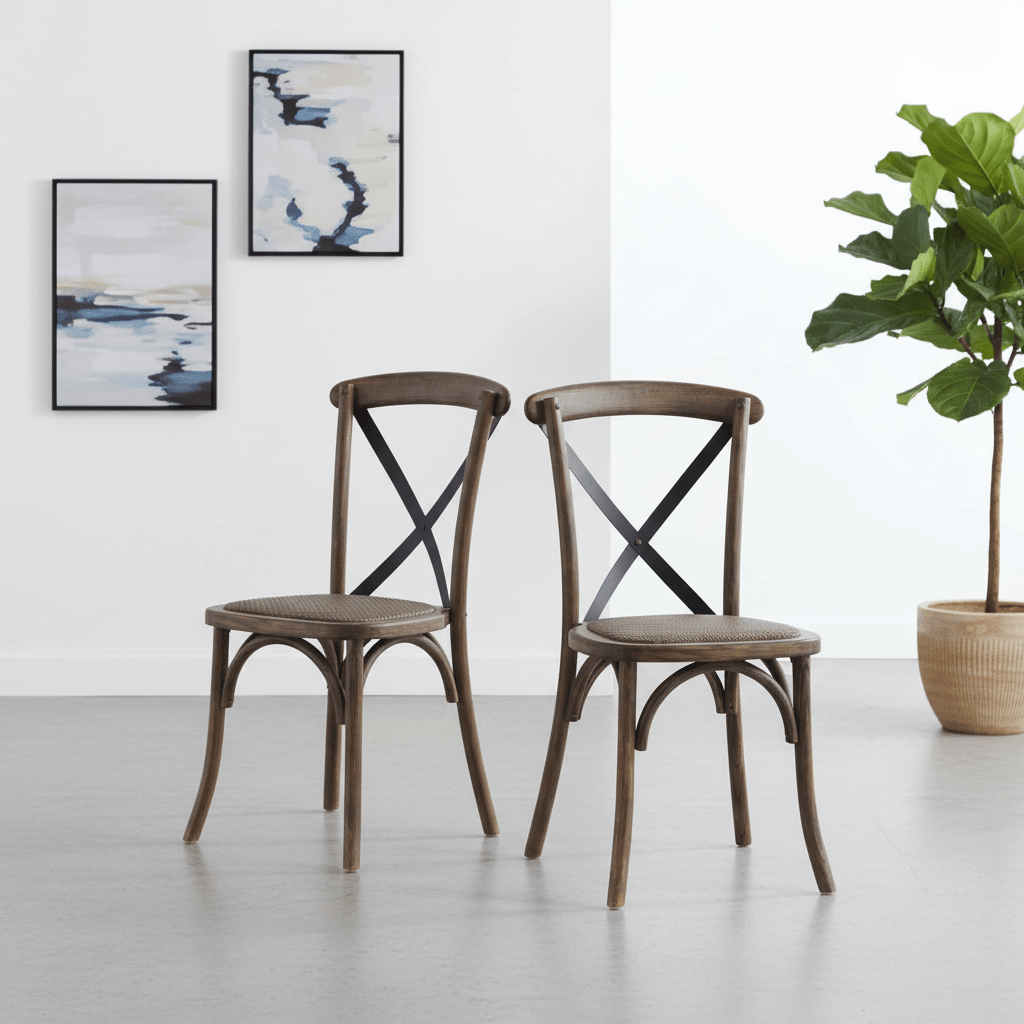 Elm Wood Cross Back Dining Chairs – Set of 4
