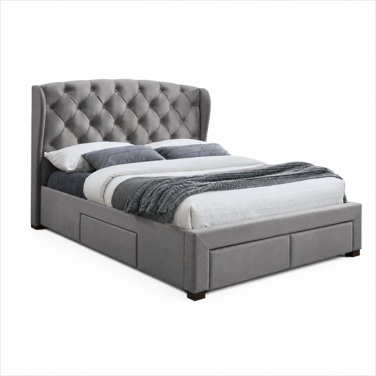 Luxury bed with wingback and tufted design.