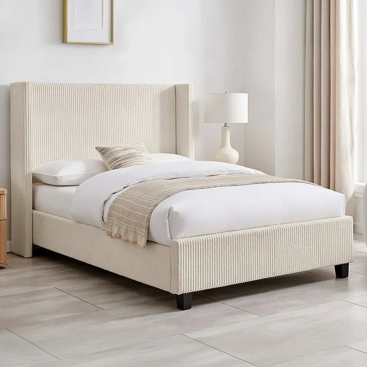Howe Upholstered Bed With Wingback Headboard, Available in Grey and Natural - Natural Bed Lifestyle Image