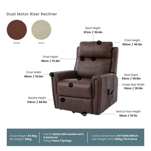 Dimensions and Spec sheet of Hudson Leather/Match dual motor riser recliner with electric rise assistance, independent reclining and USB charging. Available in Umber or Stone.