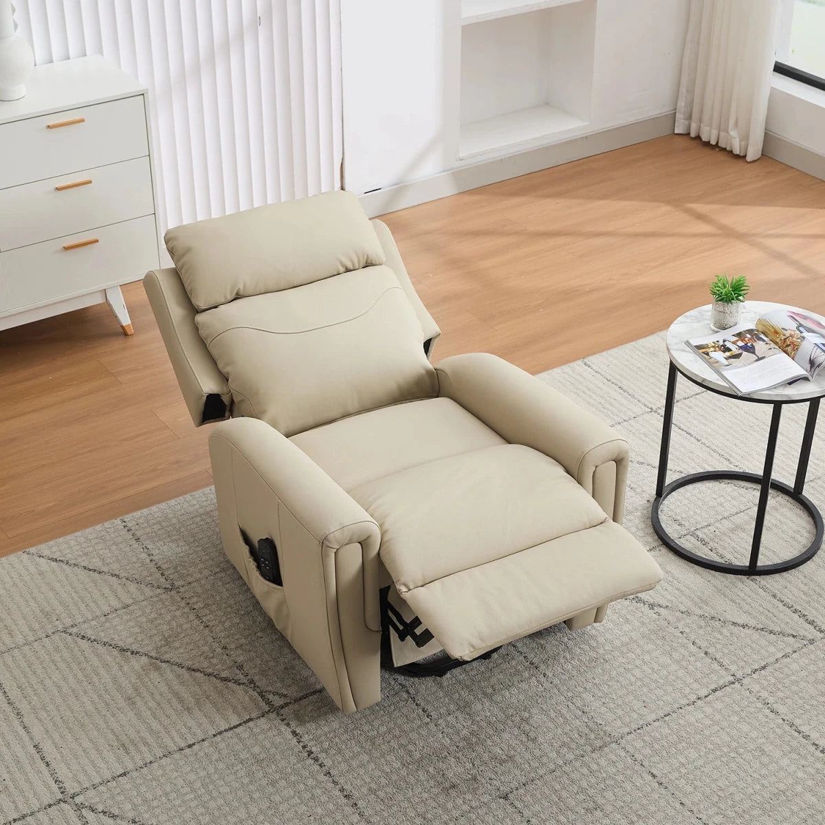 Shop the Hudson Leather/Match dual motor riser recliner with electric rise assistance, independent reclining and USB charging. Available in Umber or Stone.