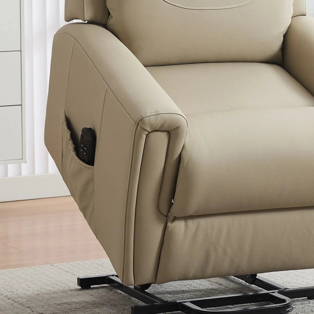 Beige leather upholstered recliner chair shown in a close-up interior shot, with a side pocket holding a black remote and black metal support legs visible below.