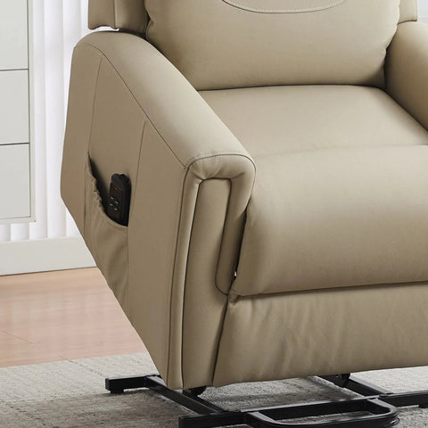 Beige leather upholstered recliner chair shown in a close-up interior shot, with a side pocket holding a black remote and black metal support legs visible below.