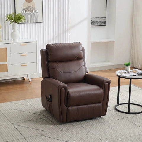 A brown real leather recliner chair with a headrest and side pocket, shown in a modern living room setting with a white sideboard, wooden floor, and a small round side table.