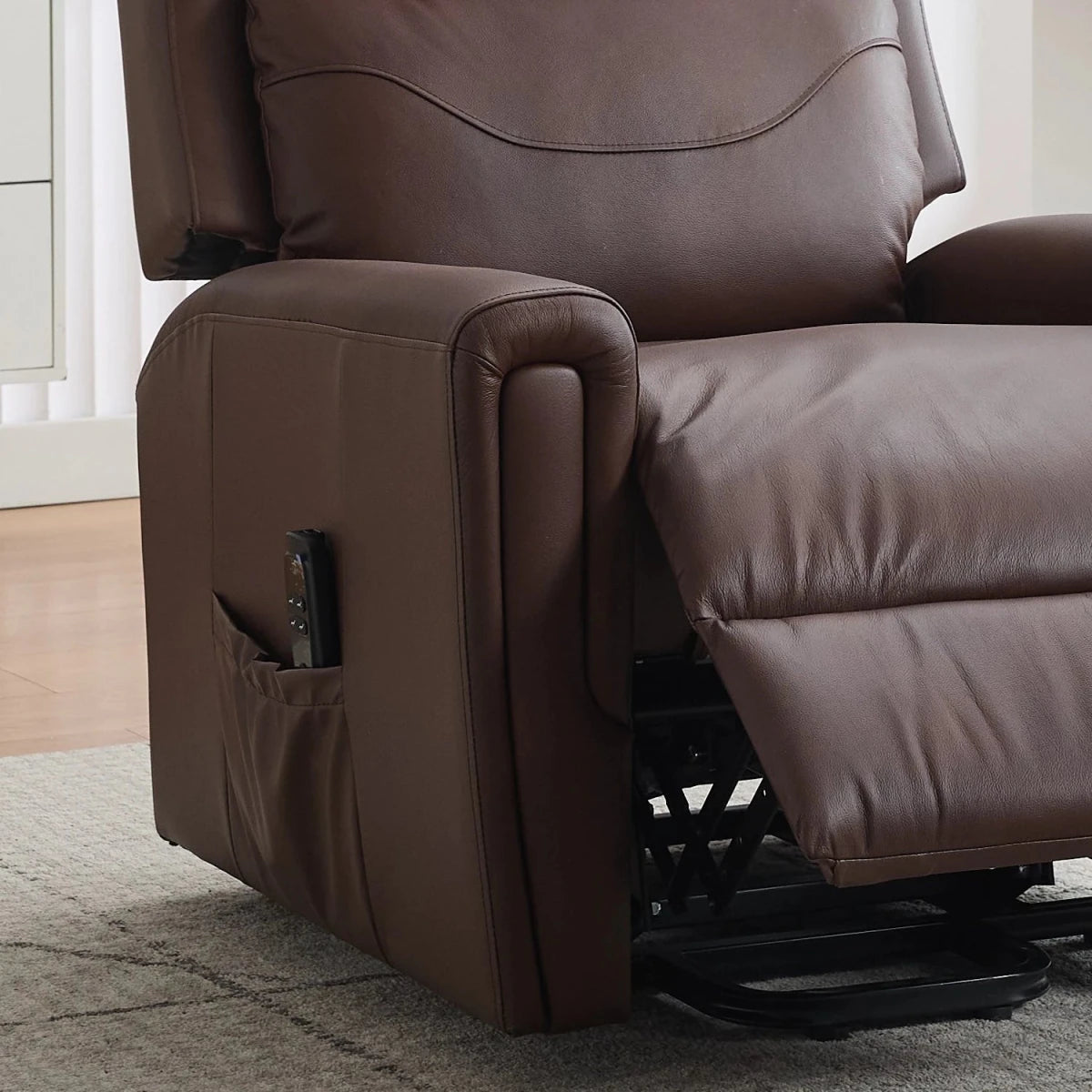Arm Close up of Hudson Umber Leather Dual Motor Riser Recliner with USB