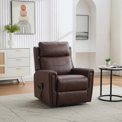 A dark brown leather riser recliner chair with a headrest and side pocket, set in a bright, modern living room next to a white sideboard and a small round table.