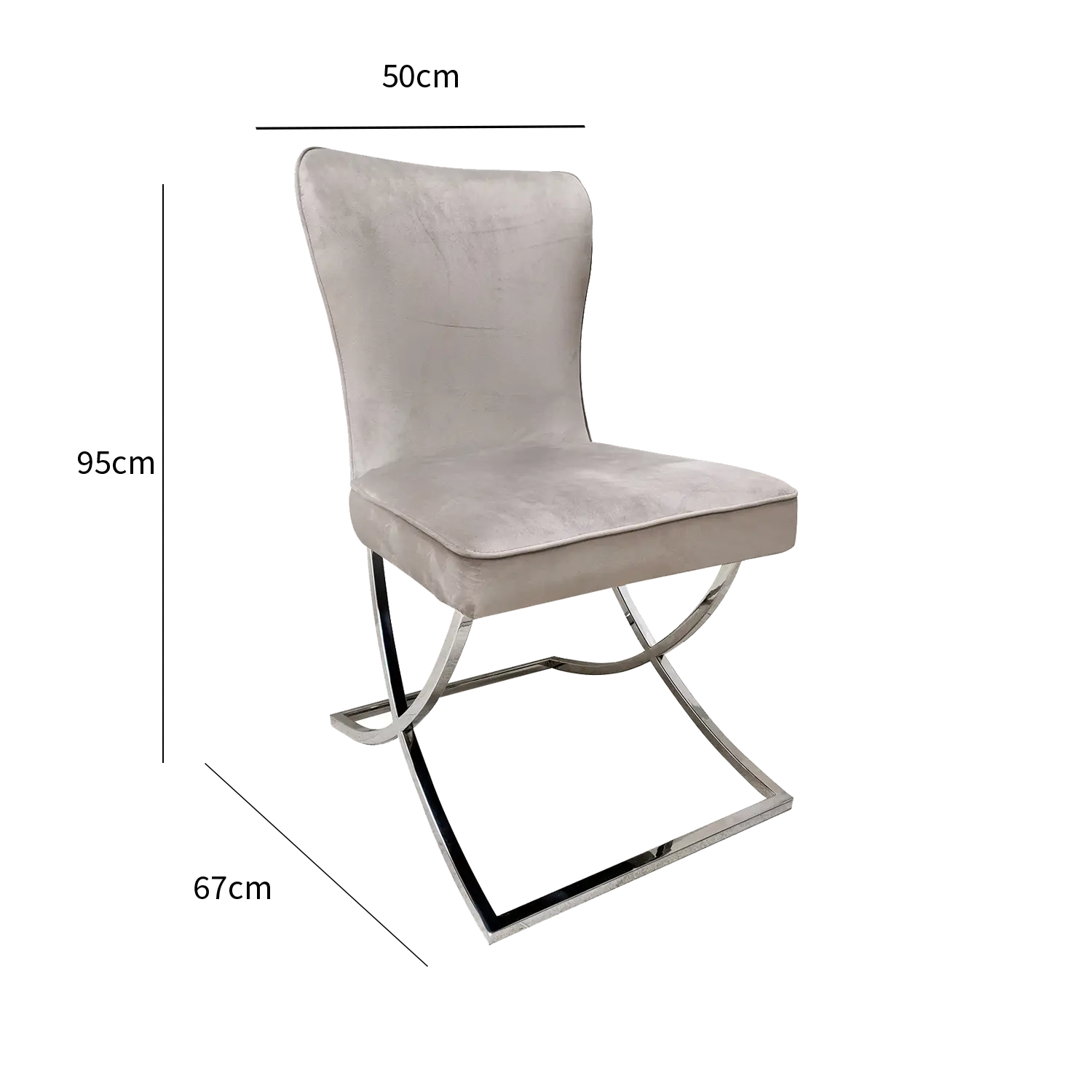 Set of 4 Hugo Taupe Plush Velvet Dining Chairs, Cross Frame Style Legs, Deep Button cushioning back, premium quality, glamorous look - Dimensions 