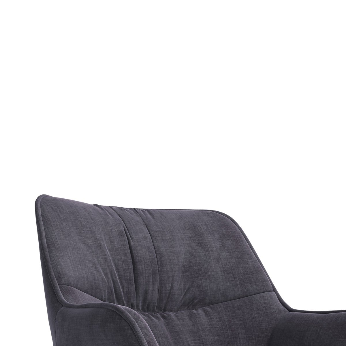 Close-up of graphite velvet upholstery and matte black legs