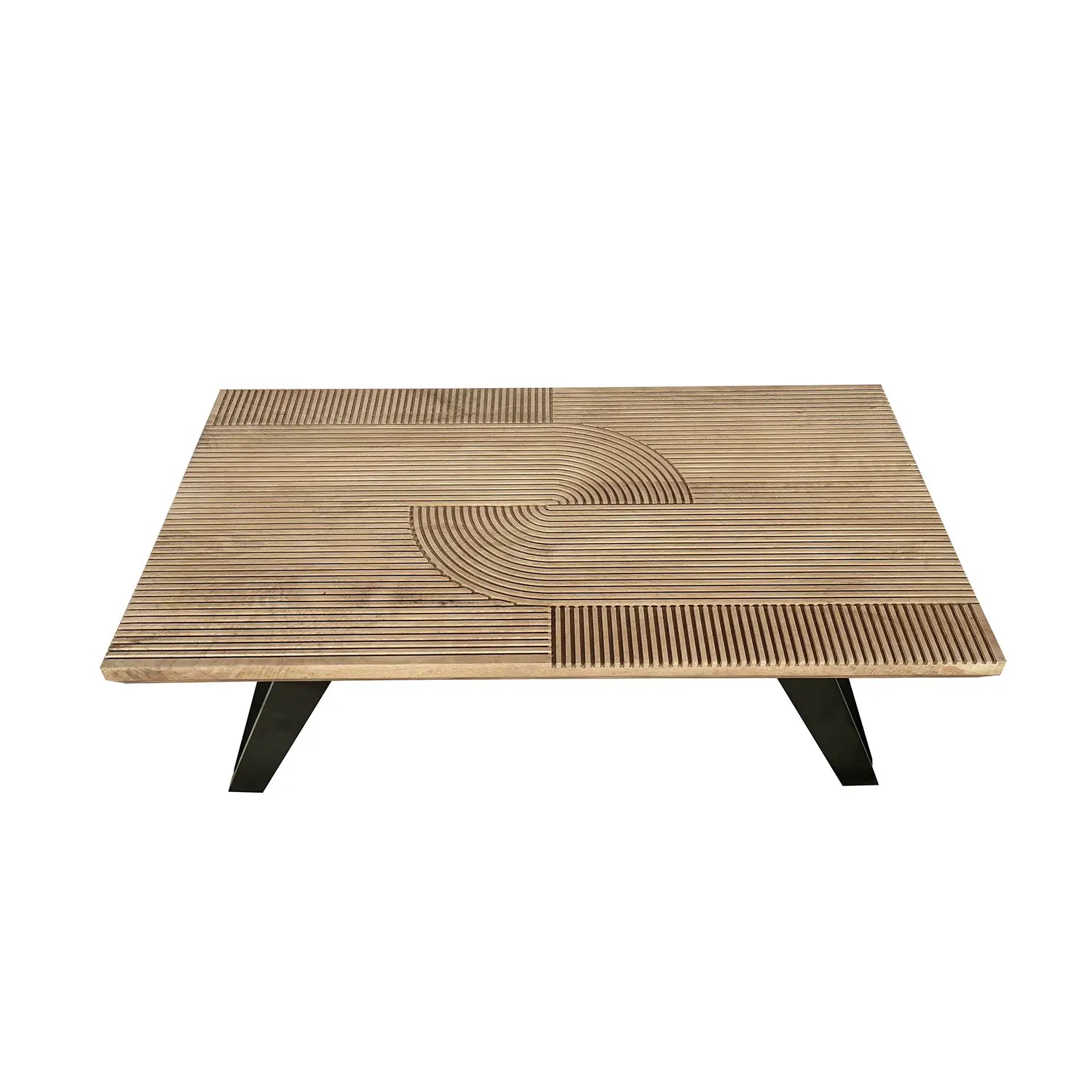 Iconic Designer Light Oak Coffee Table With Black Metal U Shape Legs - Side View