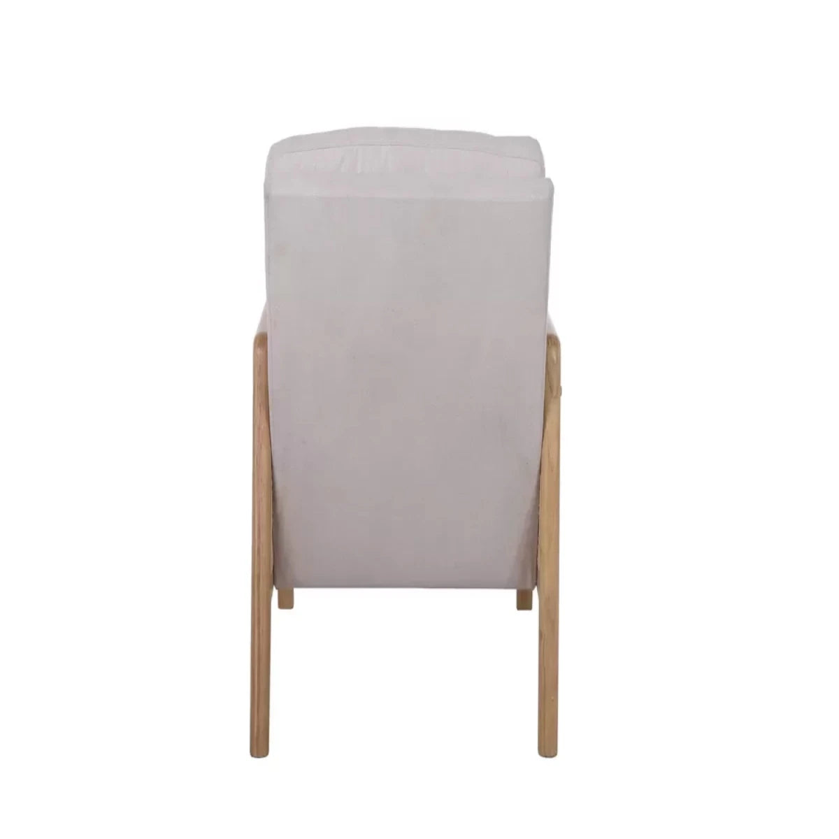 Modern armchair with rattan sides and soft cushions.
