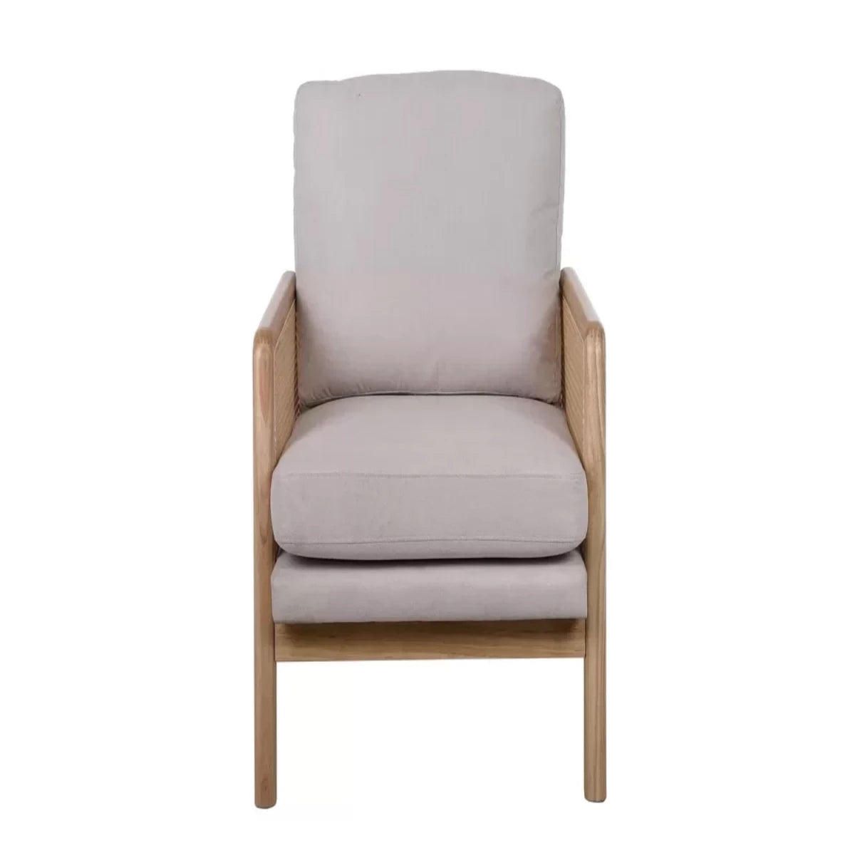 Modern armchair with rattan sides and soft cushions.