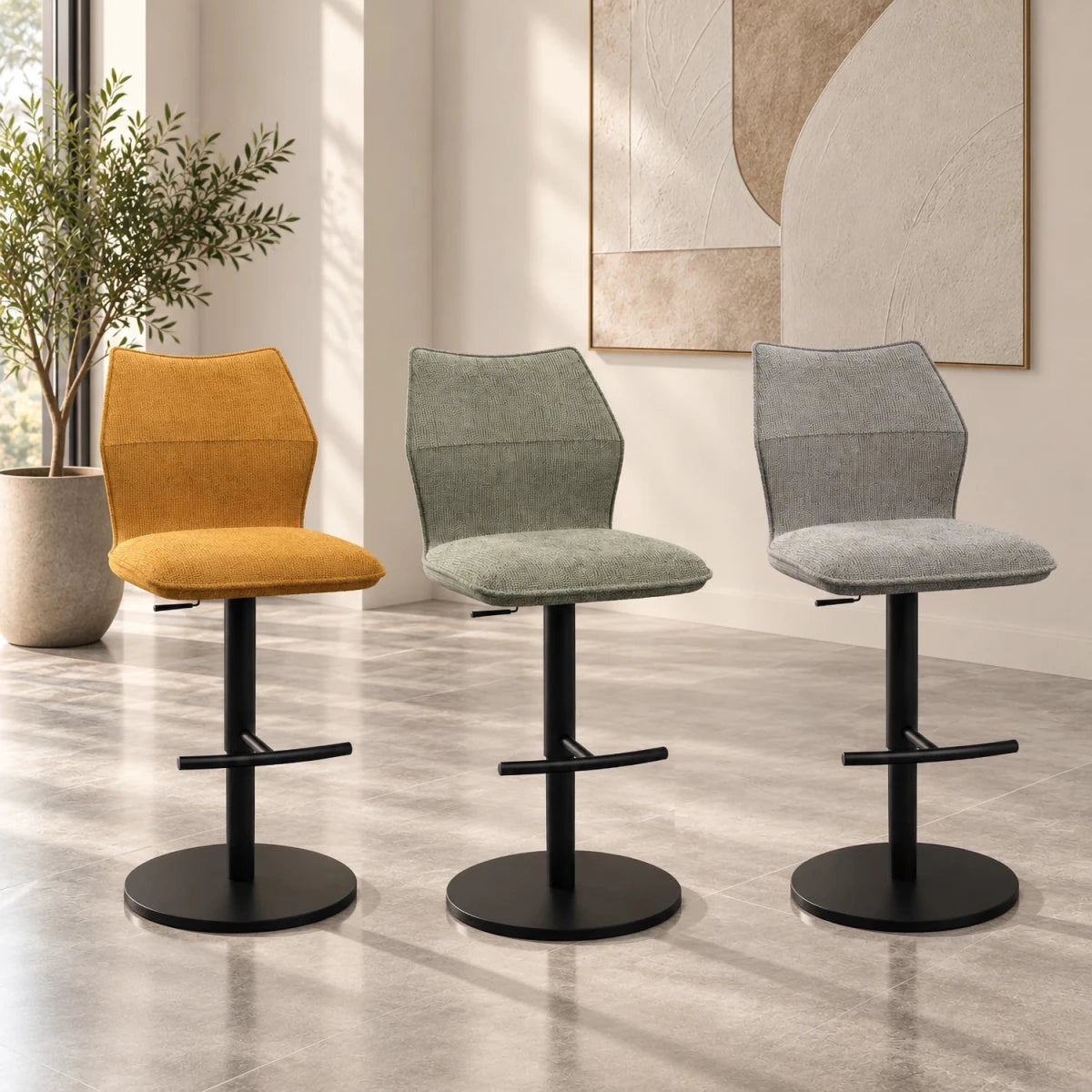  Iris Fabric Adjustable Bar Stools, Set of 2. Available in Grey, Green or Mustard with padded seats, swivel function and black metal pedestal bases.