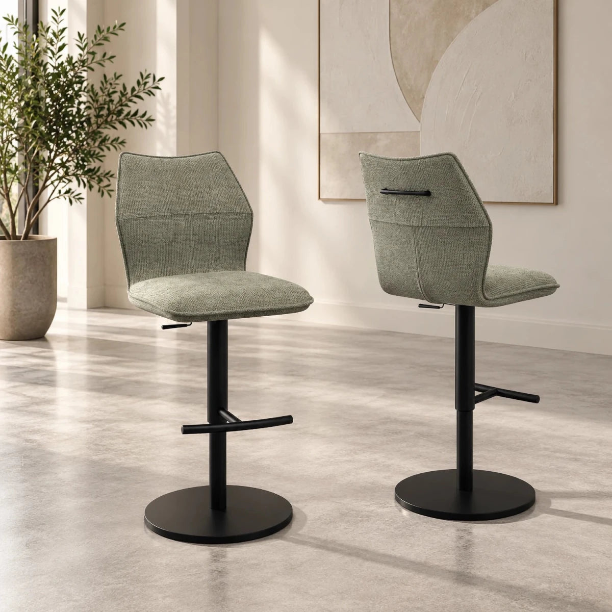 Iris Green Fabric Adjustable Bar Stools with Black Metal Base