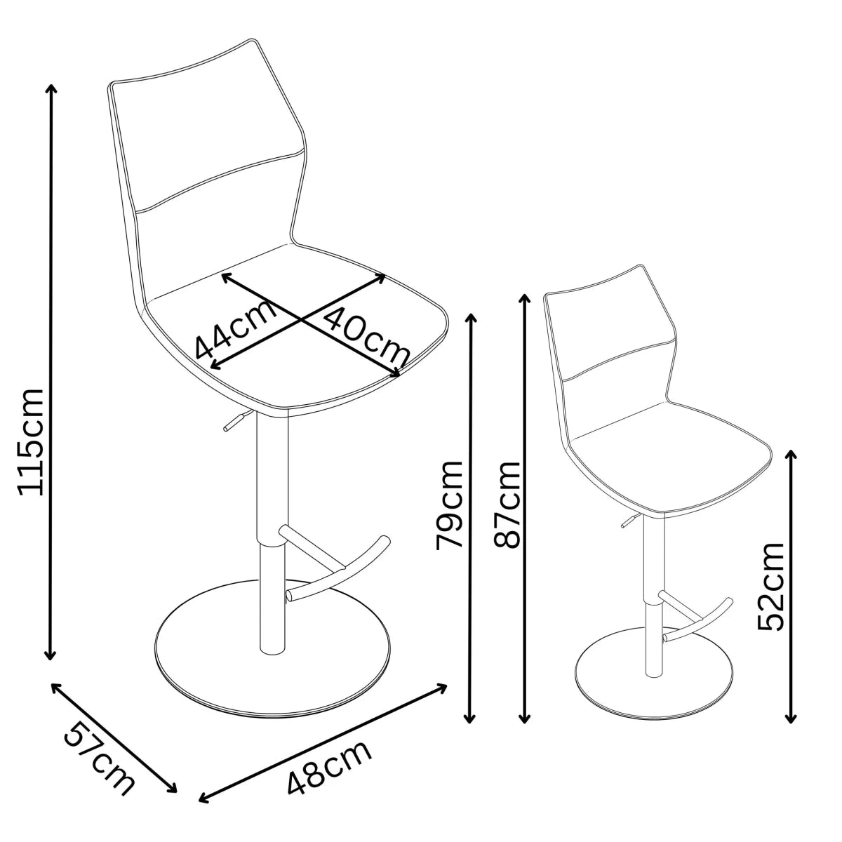 Line Drawing of Iris Fabric Adjustable Bar Stools Dimensions displayed on white background